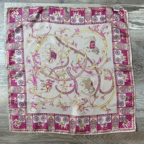 Roeckl München 100% Silk Scarf Pink Gold Animal Print Square 20x20 Vintage - Picture 4 of 5